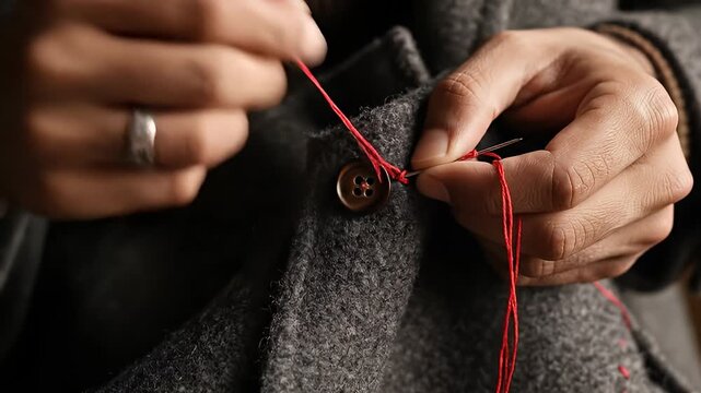 Close up video of hands sewing a button on coat fabric.