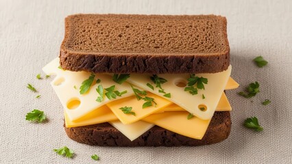 Thick-cut rye bread sandwich layered with melted cheese and fresh parsley, a delicious and satisfying meal.