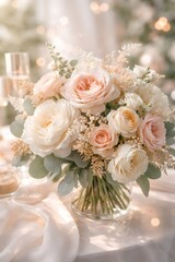 Obraz premium A bouquet filled with pink and white roses sits on a table. There are soft decorations around the flowers and warm light shining in the background. The setting is cozy and inviting
