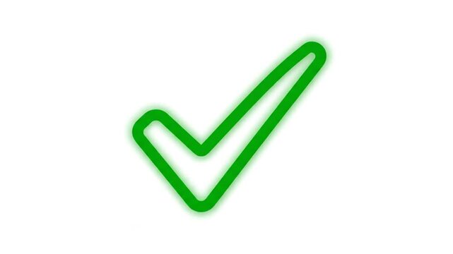 Vibrant neon green checkmark icon glowing brightly on a clean white background, symbolizing approval, completion, and success for modern digital designs.
