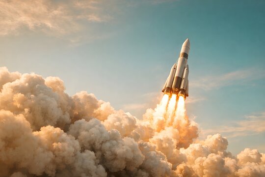 A rocket lifts off from a launch pad, spewing flames and smoke into the clear blue sky. This event takes place at a space center during the daytime