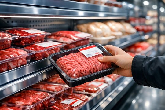 A person selects a package of ground beef from a shelf filled with various types of meat in a grocery store during the afternoon. Many packages are organized neatly