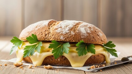 Hearty whole wheat bread sandwich with melted cheese and fresh parsley, a delicious meal.