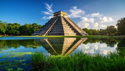 A stunning view of a large ancient stone pyramid, its reflection mirroring in a still, calm lake under a blue sky with puffy clouds