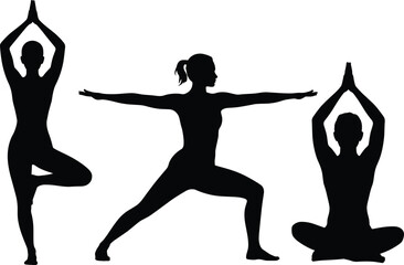 Fototapeta premium Yoga poses silhouette trio, women practicing balance strength meditation exercises, wellness fitness mindfulness concept, healthy lifestyle illustration, flat vector illustration