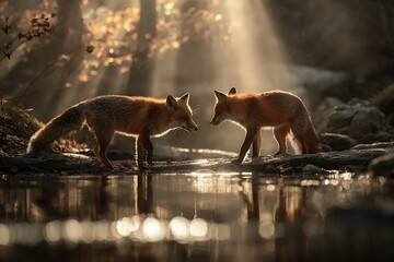 two foxes in water