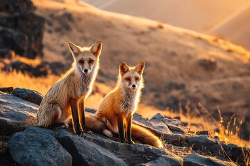 two foxes on rocky place