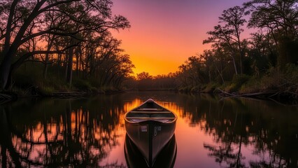 A lone canoe drifts on tranquil water during a vibrant sunset with reflections of trees and sky.