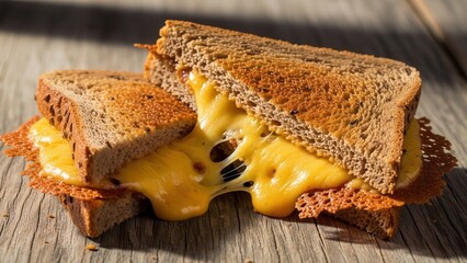 A perfectly toasted rye bread sandwich with irresistibly melty cheese, showcasing a delicious comfort food experience