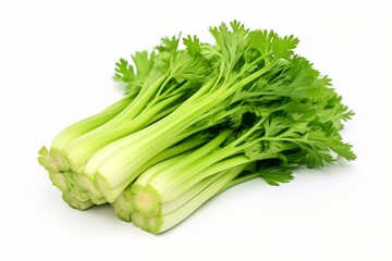 Fresh green celery bunch on a white background, representing healthy eating and raw food