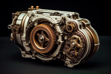Intricate gearbox mechanism with multiple gears interlocked and rotating, showcasing the complexity of engineering and industrial design