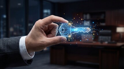 Fototapeta premium Businessman holding glowing digital key in modern office