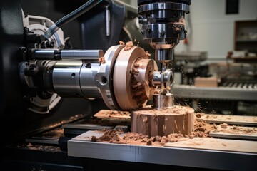 Fototapeta premium Modern woodworking cnc machine carving wooden detail with sawdust flying around in a furniture factory