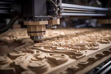 Cnc wood router carving an intricate floral pattern on a wooden surface, showcasing precision and craftsmanship