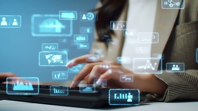 Woman types on a futuristic keyboard, using modern tech, surrounded by data visualization and connectivity. Modern, sleek and professional aesthetic.