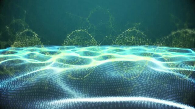 Luminous mesh reacting to cyan bands, rippling, revealing golden rings, forming steady rhythm