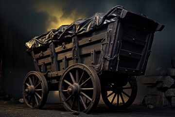 Fototapeta premium Old wooden cart covered with tarpaulin transporting coal in a mine under a dramatic sky
