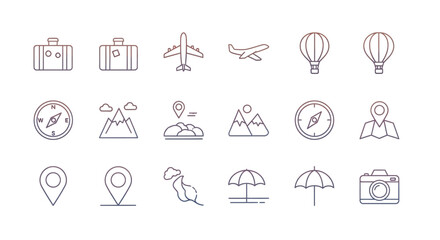 Minimalist Travel Icons Set Featuring Luggage, Aircraft, Mountains, Compass, and More
