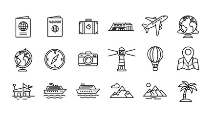 Minimalist Travel Icons Set: Illustrative Symbols of Journey, Exploration, and Adventure