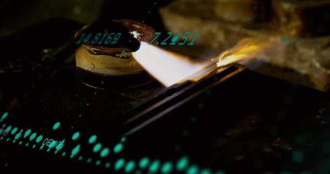 Torch flame entering right heating rivet while teal waveform sweeping, clamp holding to solder