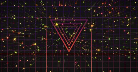 Fototapeta premium Radiating three inverted wire triangles drawing to center vanishing point in neon grid with streaks