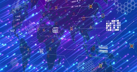 Pulsing stylized global map displaying thin connector lines, nodes and light streaks on digital UI © vectorfusionart
