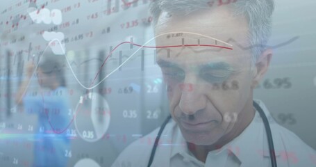 Doctor reviewing data overlays in hospital corridor, wearing white coat, stethoscope, blue scrubs