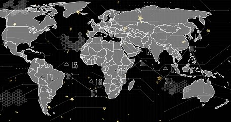 Displaying stylized world map on data display, showing hexagon clusters, numeric labels, connectors