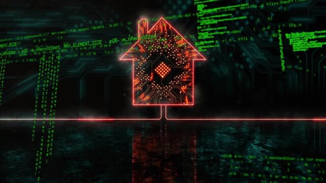 Green code columns appearing and sweeping left, neon house icon pulsing lights, showing data flow