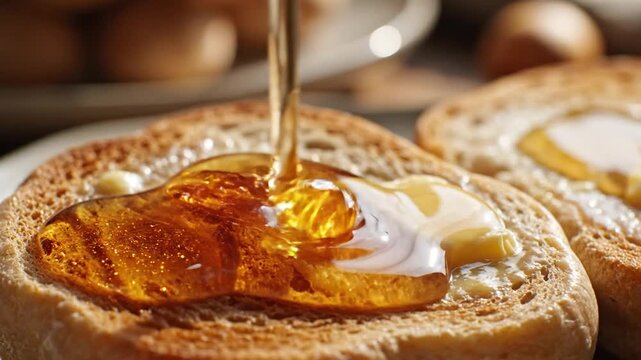 Syrup being poured on toast with butter, breakfast scene with eggs in background, possibly for advertising or food blog