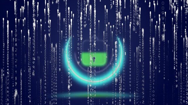 cyan arc forming, green bar appearing, centered padlock pulsing into digit rain, showing security