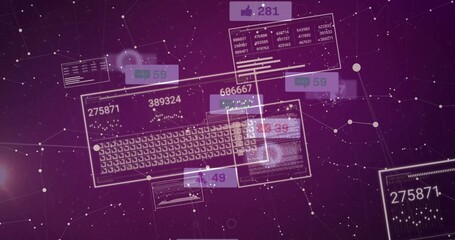 Floating hologram keyboard and data panes glowing over purple network, with alerts and nodes