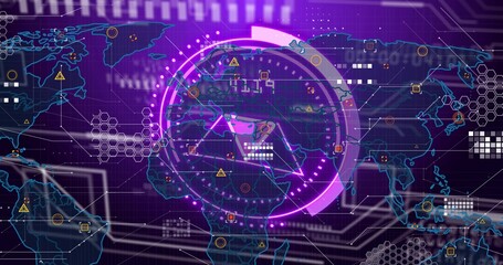 Obraz premium Displaying central HUD scanning world map at control dashboard, showing hex patterns, caution icons