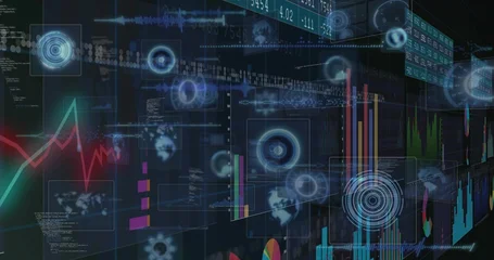Fotobehang Vlees Displaying data HUD streaming on terminal, showing candlesticks, bars, red-to-green trend line  © vectorfusionart