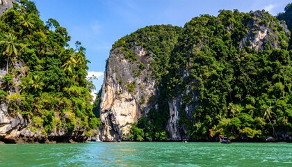 A stunning view of a pristine bay framed by towering limestone cliffs carpeted in lush tropical foliage under a vibrant blue sky