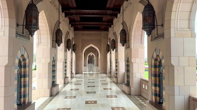 Sultan Qaboos Grand Mosque in Muscat, a famous religious landmark known for its stunning Islamic architecture and design.