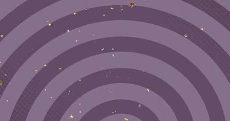 Obraz premium Featuring concentric rings on mauve purple backdrop, halftone gold stars flecks upper-right checker
