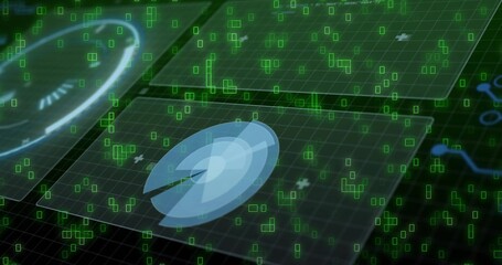 Floating pale blue hologram disc hovering over dark grid plane, with glass panels and green pixels