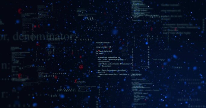 Displaying central code column glowing in virtual network, with binary digits and blue bokeh specks