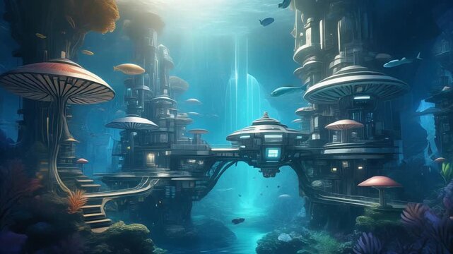 Underwater futuristic cityscape with mushroom-shaped structures and bridge, surrounded by marine life, with sunlight filtering through the water in the background