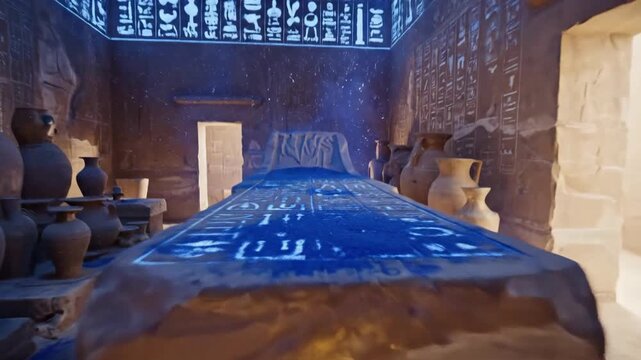Ancient Egyptian tomb with sarcophagus and hieroglyphs