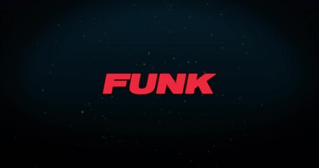 Displaying bold red word FUNK floating on teal gradient with subtle vignette, gold specks