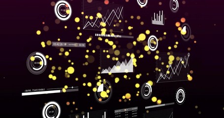 Fototapeta premium Displaying HUD in virtual dashboard showing line and area charts, circular timers, yellow particles