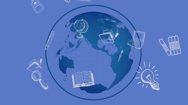 On play globe centered, study icons orbiting clockwise, fading, zooming, showing global education