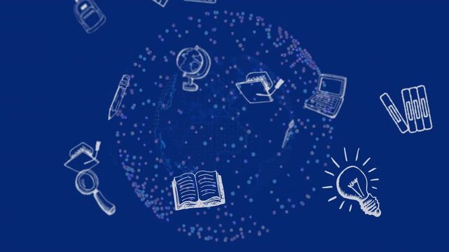 On play, central dotted sphere rotating as school icons orbiting, drifting in, showcasing learning