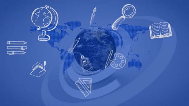 Notebook and ball appearing Earth fading and rotating school icons orbiting clustering around globe