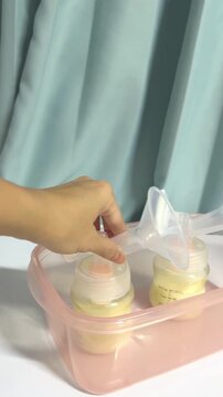 Close Up Breast Milk Bottle After Pumping Showing Maternal Infant Feeding Care