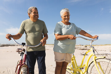 Obraz premium Happy multiracial senior couple standing with bicycles at beach against sky during sunny day