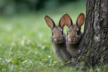 two rabbits peeking out of tree