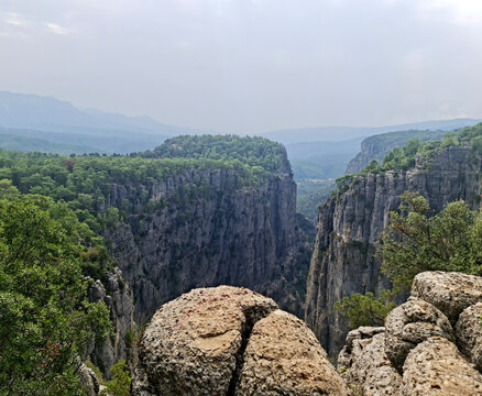 Majestic cliffs and lush forests of Tazi Canyon in Turkey. Scenic landscape of Eagles Canyon at Koprulu National Park. Eagles Canyon.